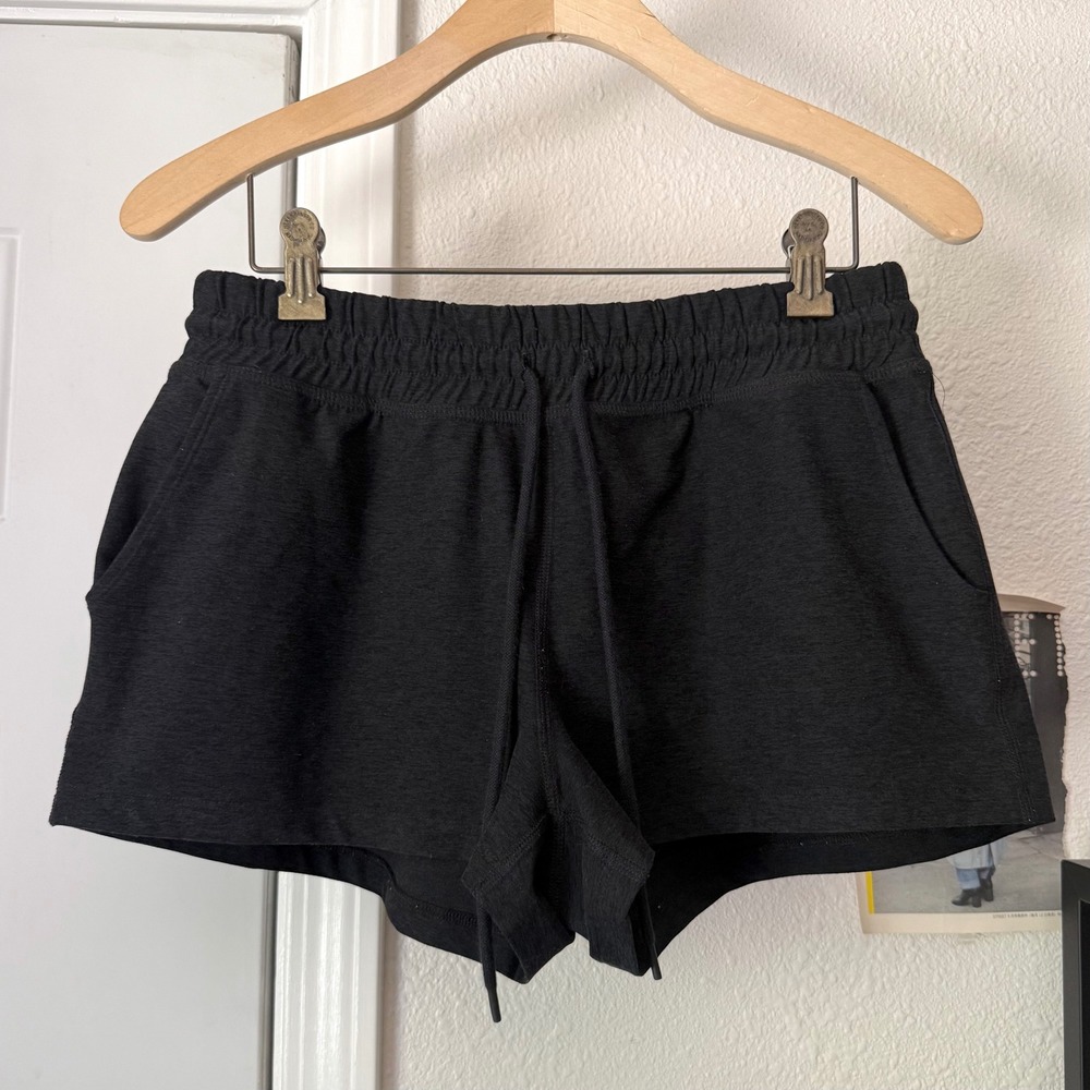 BEYOND YOGA dark grey charcoal washed black athletic pull on high rise shorts